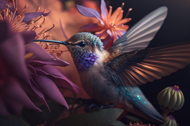 Hummingbird in flight in closeup against a background of a tropical colorful forest and plants drinking flower nectar Generative AI