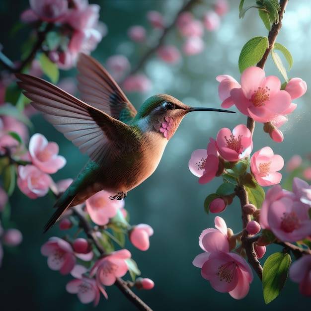 hummingbird in flight and flowers background photo