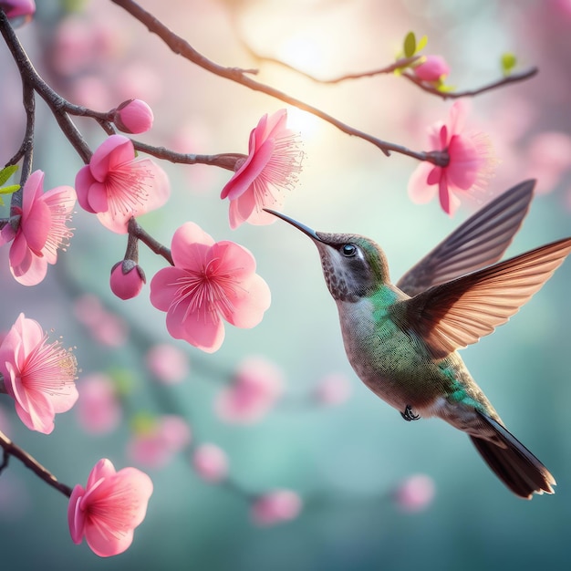 hummingbird in flight and flowers background photo