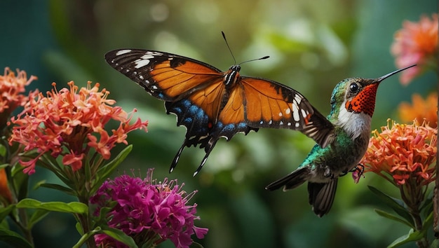 A hummingbird in flight while a butterfly flies over it