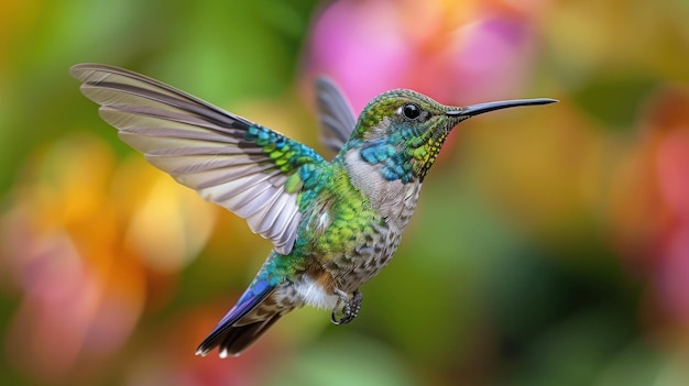 Hummingbird in Flight with Colorful Background