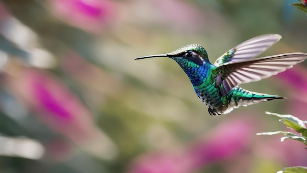 Photo hummingbird in flight with pink floral background