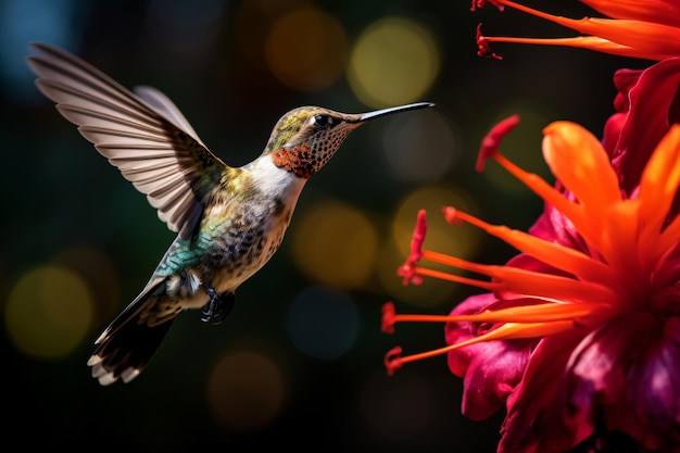 a hummingbird flying over a flower with its wings spread