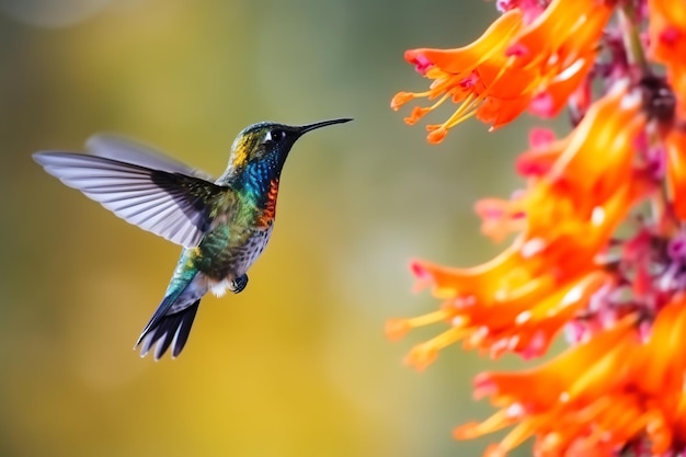 a hummingbird flying over a flower with its wings spread