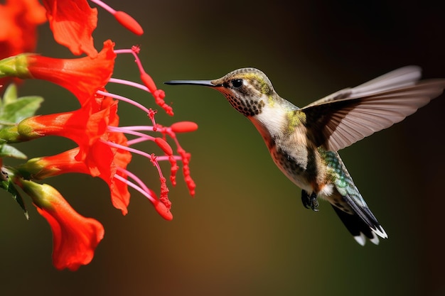 a hummingbird flying next to a flower