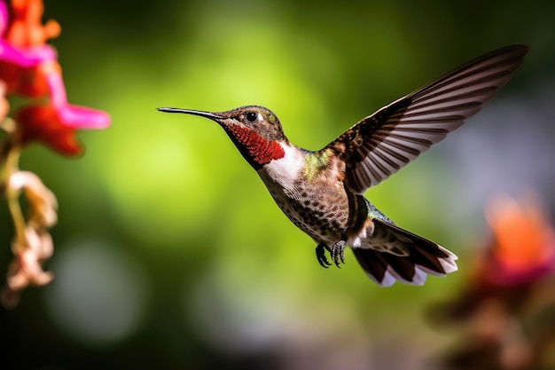 a hummingbird flying next to a flower