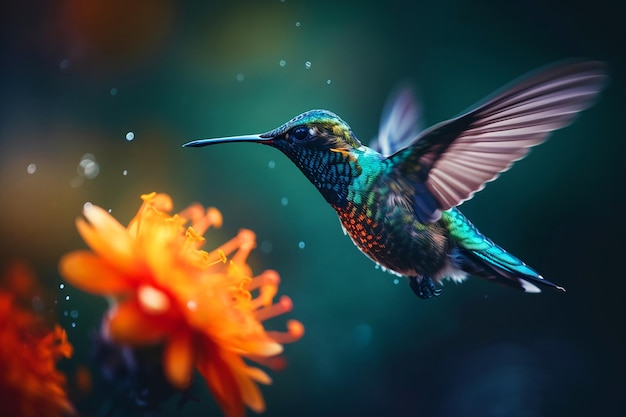 A hummingbird flying near a flower with a green background