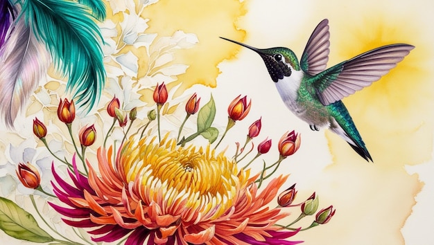 A Hummingbird flying to pick up nectar from a beautiful flower