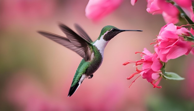 a hummingbird flying over a pink flower with the word hummingbird on it