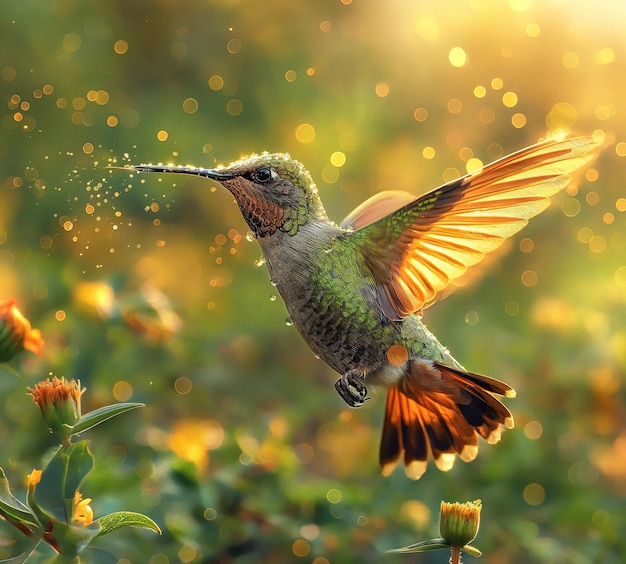 a hummingbird flying in the sun with flowers in the background