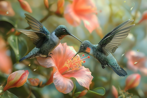 a hummingbird flying in the sun with flowers in the background