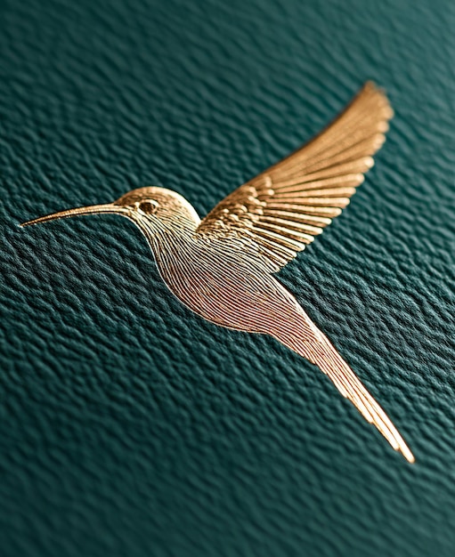 A hummingbird flying through the air on a blue leather surface