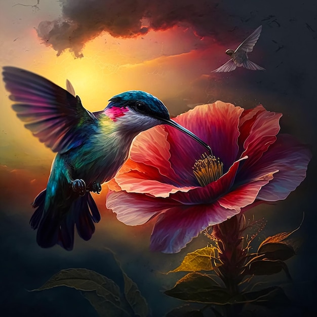 A hummingbird and hibiscus flower mixed with an emotional sunrise. AI Generated