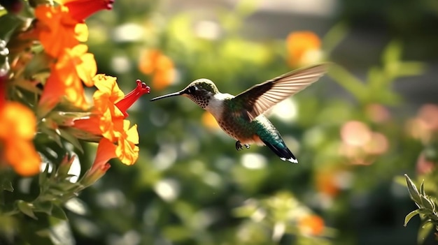 Hummingbird hovering next to blooming flowers Beautiful hummingbird sucking nectar in flight generative ai