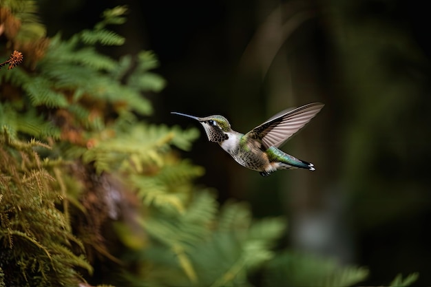 Hummingbird hovering over forest vista created with generative ai