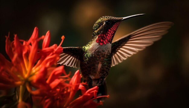 Hummingbird hovering mid air pollinating vibrant yellow flower generated by AI