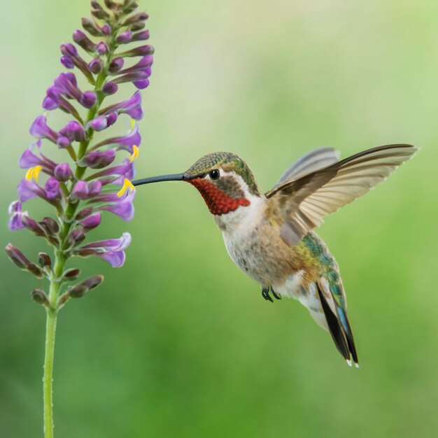 Hummingbird hovering near a bright flower