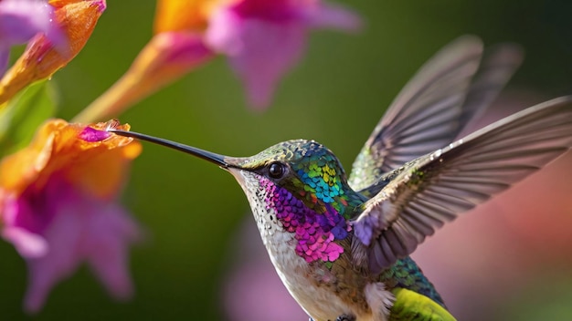 Hummingbird hovering near bright orange flowers