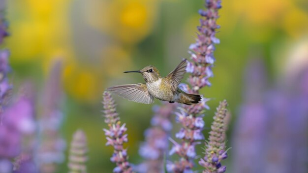 Photo hummingbird hovering near purple flowers