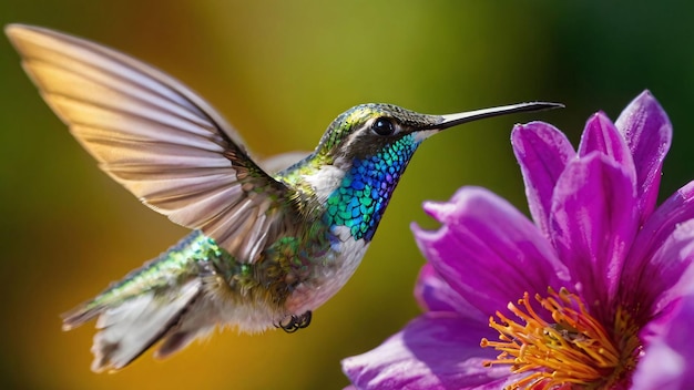 Hummingbird hovering over a purple flower