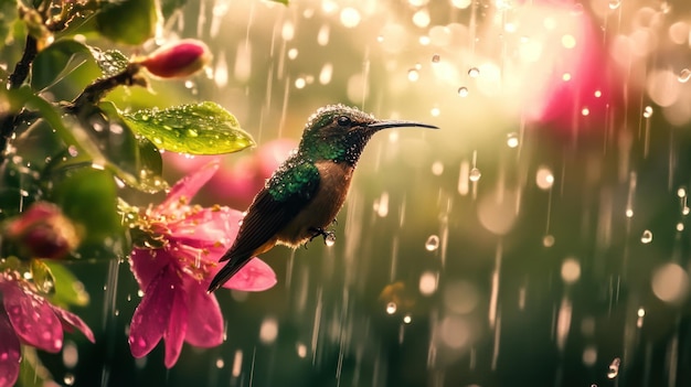 Hummingbird hovering in rain with splash