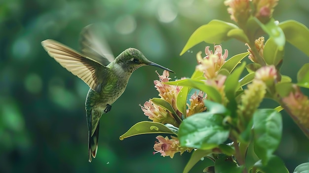 A hummingbird hovers in midair with its long thin beak extended towards a flower