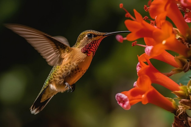 A hummingbird is drinking nectar from a flower.