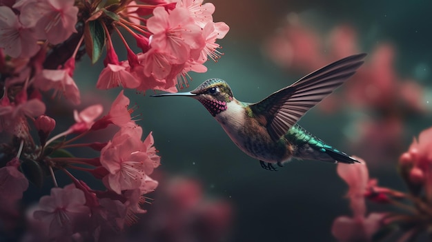 A hummingbird is in flight and the flowers are pink.