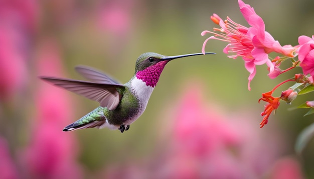 a hummingbird is flying in the air with a flower in the background