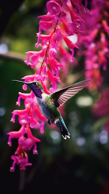 Photo a hummingbird is flying in the air with a flower in its beak