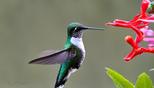 a hummingbird is flying in the air with a red flower