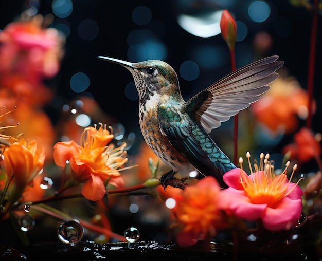 A hummingbird is flying and eating from a Fuchsia flower