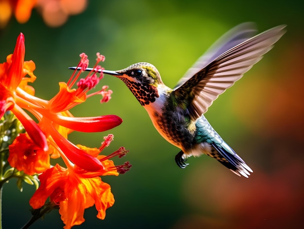 A hummingbird is flying to a flower and it is about to drink.