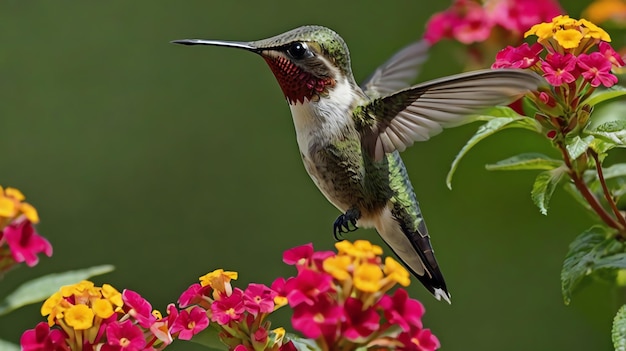 a hummingbird is flying over a flower with a flower in the foreground