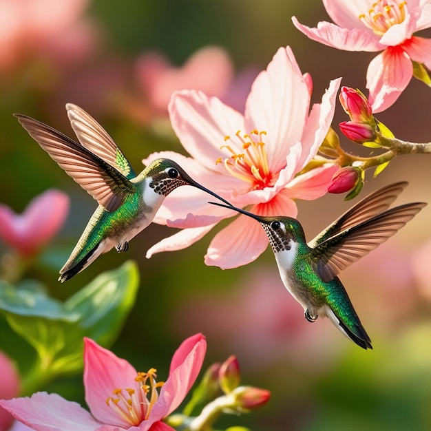 a hummingbird is flying over a flower with other hummingbirds