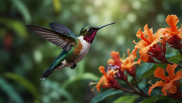 a hummingbird is flying over a flower with the sun shining on it