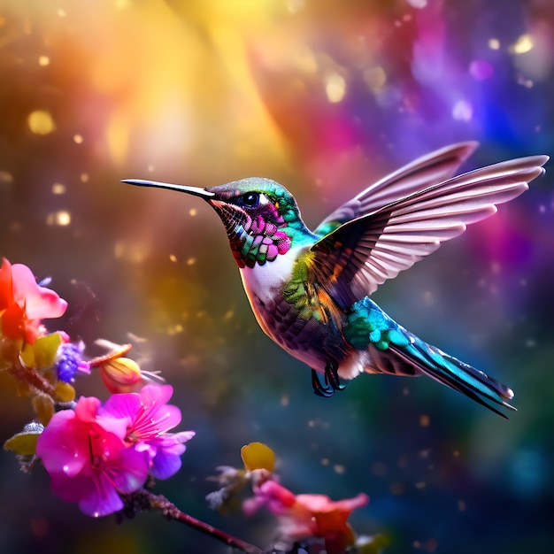 a hummingbird is flying over a flower