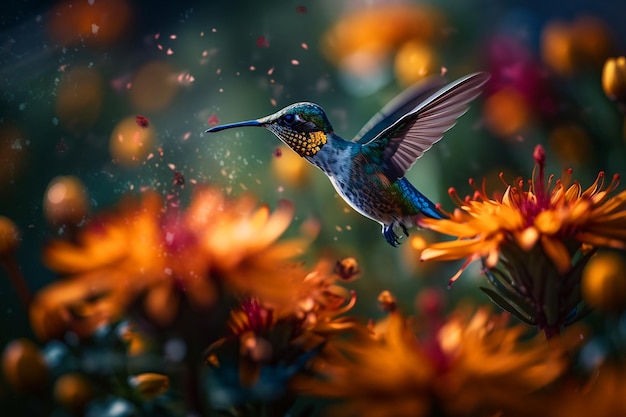 A hummingbird is flying in front of a flower.