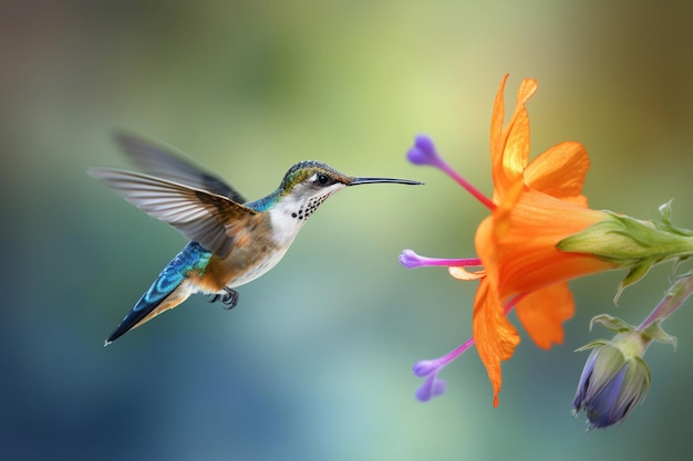 A hummingbird is flying near a flower.