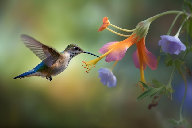 A hummingbird is flying near a flower.