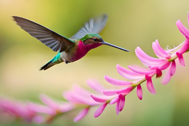 A hummingbird is flying near a flower.