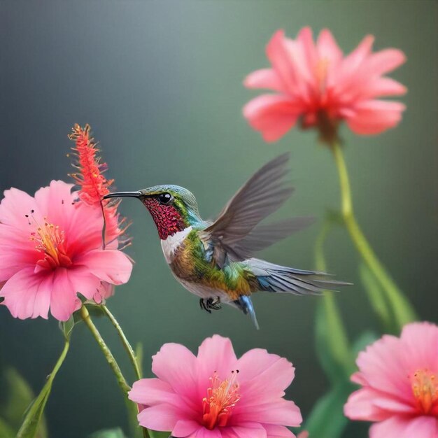 Photo a hummingbird is flying over some pink flowers