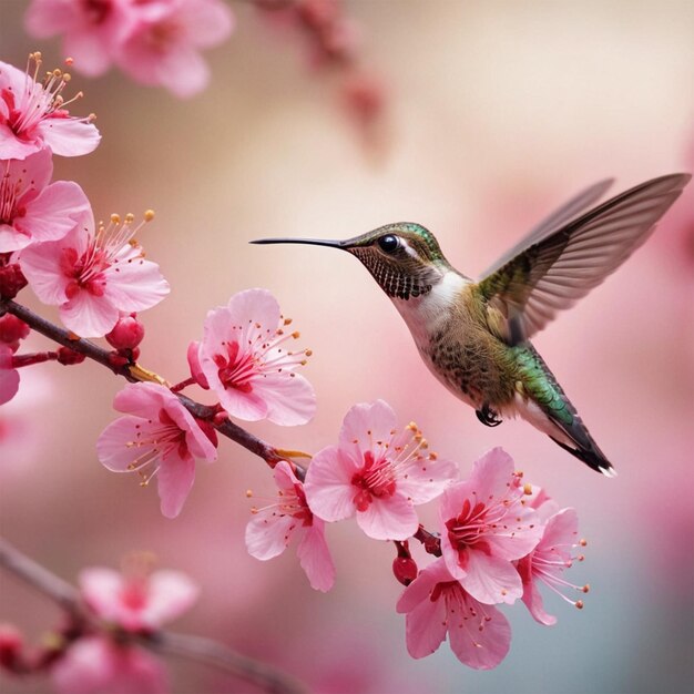 Photo a hummingbird is flying through the pink flowers