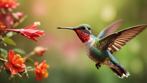 hummingbird is flying towards a red flower The hummingbird is green with a red throat and the flowe