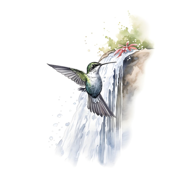 A hummingbird is flying over a waterfall and the water is painted in watercolor.