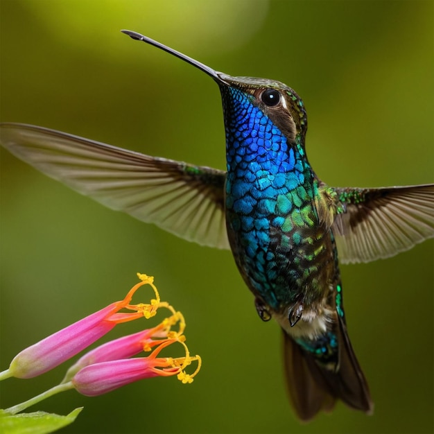 Photo a hummingbird is flying with a flower in the background