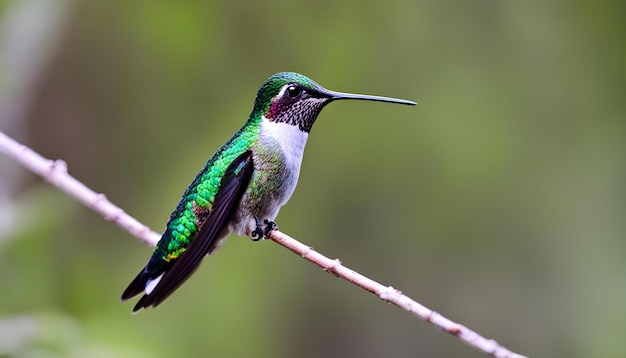 a hummingbird is perched on a branch with a blurry background