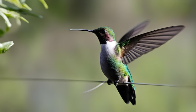 a hummingbird is perched on a wire with a green beak