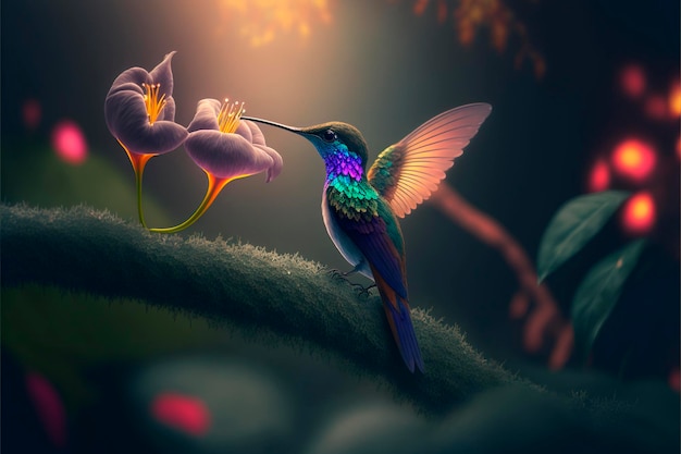 A hummingbird kissing a colorful flower on a bright night