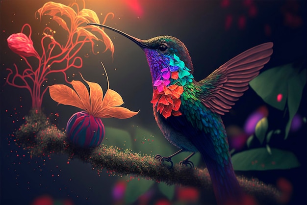 A hummingbird kissing a colorful flower on a bright night